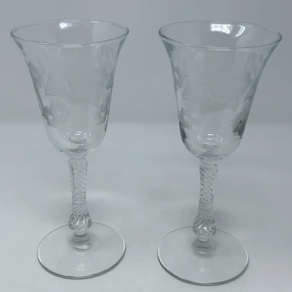 Etched Floral Set‎ of 2 Goblet Stemmed Glasses Cut Stem 8